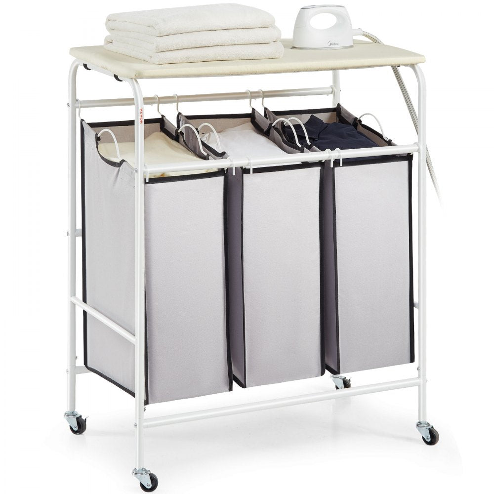 3-Section Laundry Sorter Cart with Ironing Board, Laundry Hamper with Heavy Duty Lockable Wheels and 3 Removable Bag, Rolling Laundry Basket Sorter for Clothes Storage