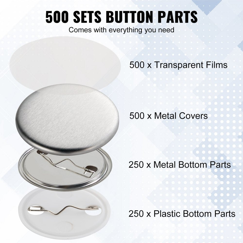 Bostome 1.25-inch pin back button parts in a set of 500 for button maker machines.