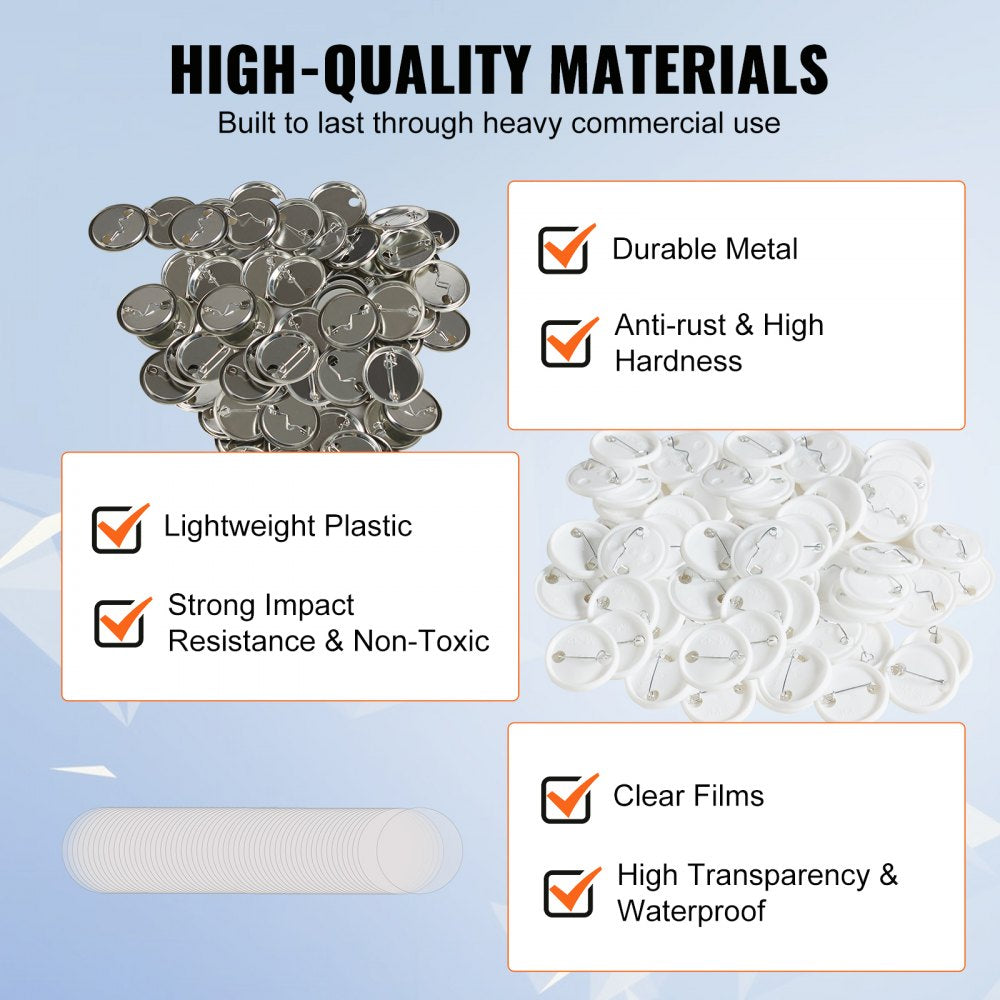 Bostome 1.25" pin back button parts with metal covers and plastic bottoms in a 500-set package.