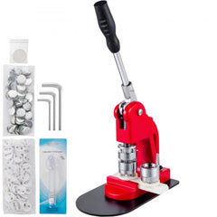 Red and black 25mm button badge maker machine with 1000 parts kit including pins and shells.