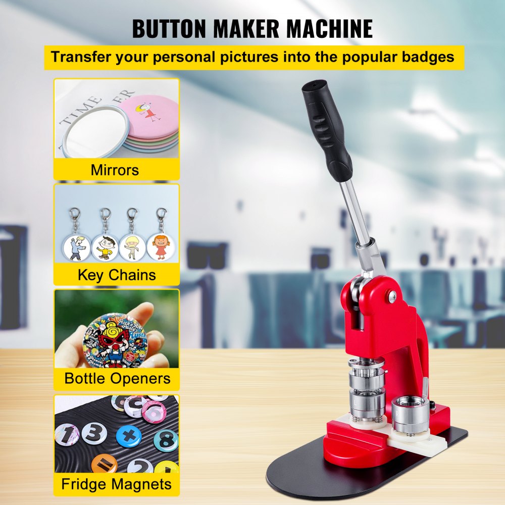 Red 25mm button badge maker machine with parts kit for badges, mirrors, keychains, bottle openers, and fridge magnets.