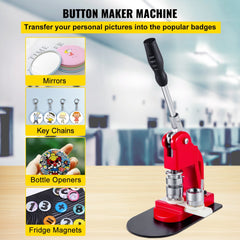 Red 25mm button badge maker machine with parts kit for badges, mirrors, keychains, bottle openers, and fridge magnets.