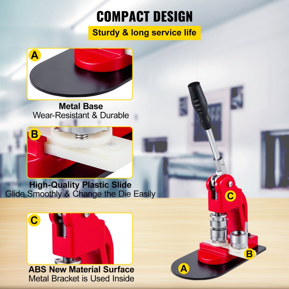 Compact red 25mm button badge maker machine with metal base, plastic slide, and ergonomic handle.