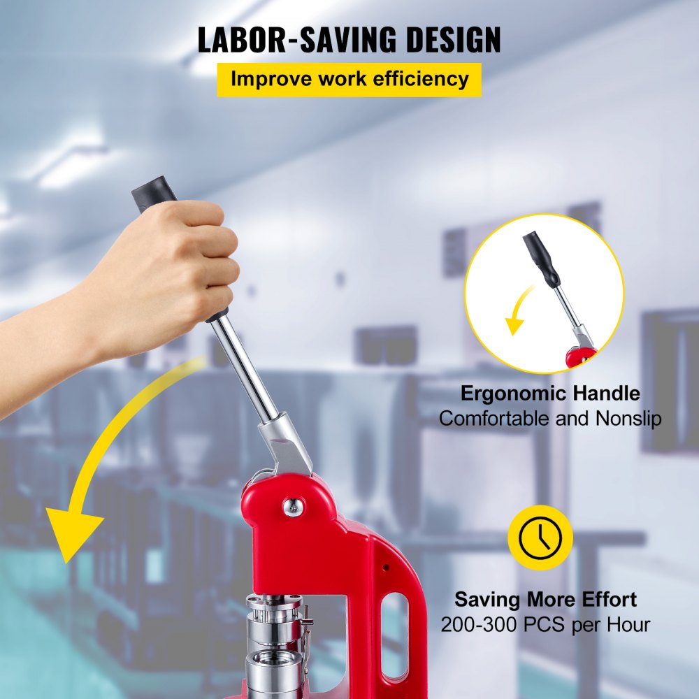 Red button badge maker machine with ergonomic handle and parts kit.