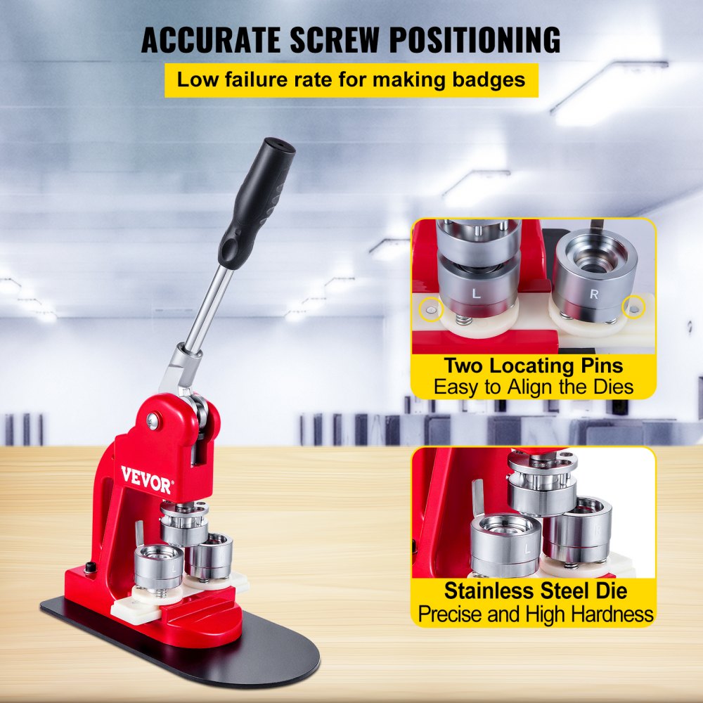 Red Bostome 25mm button badge maker machine with stainless steel dies and ergonomic handle.