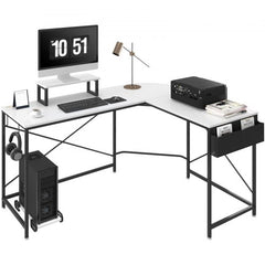 L Shaped Computer Desk, 59`` Corner Desk with Storage Bag, Monitor Riser and CPU Stand, Work Desk Gaming Desk for Home Office Workstation, White