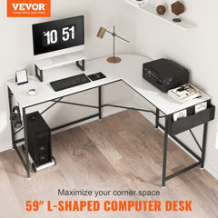 L Shaped Computer Desk, 59`` Corner Desk with Storage Bag, Monitor Riser and CPU Stand, Work Desk Gaming Desk for Home Office Workstation, White