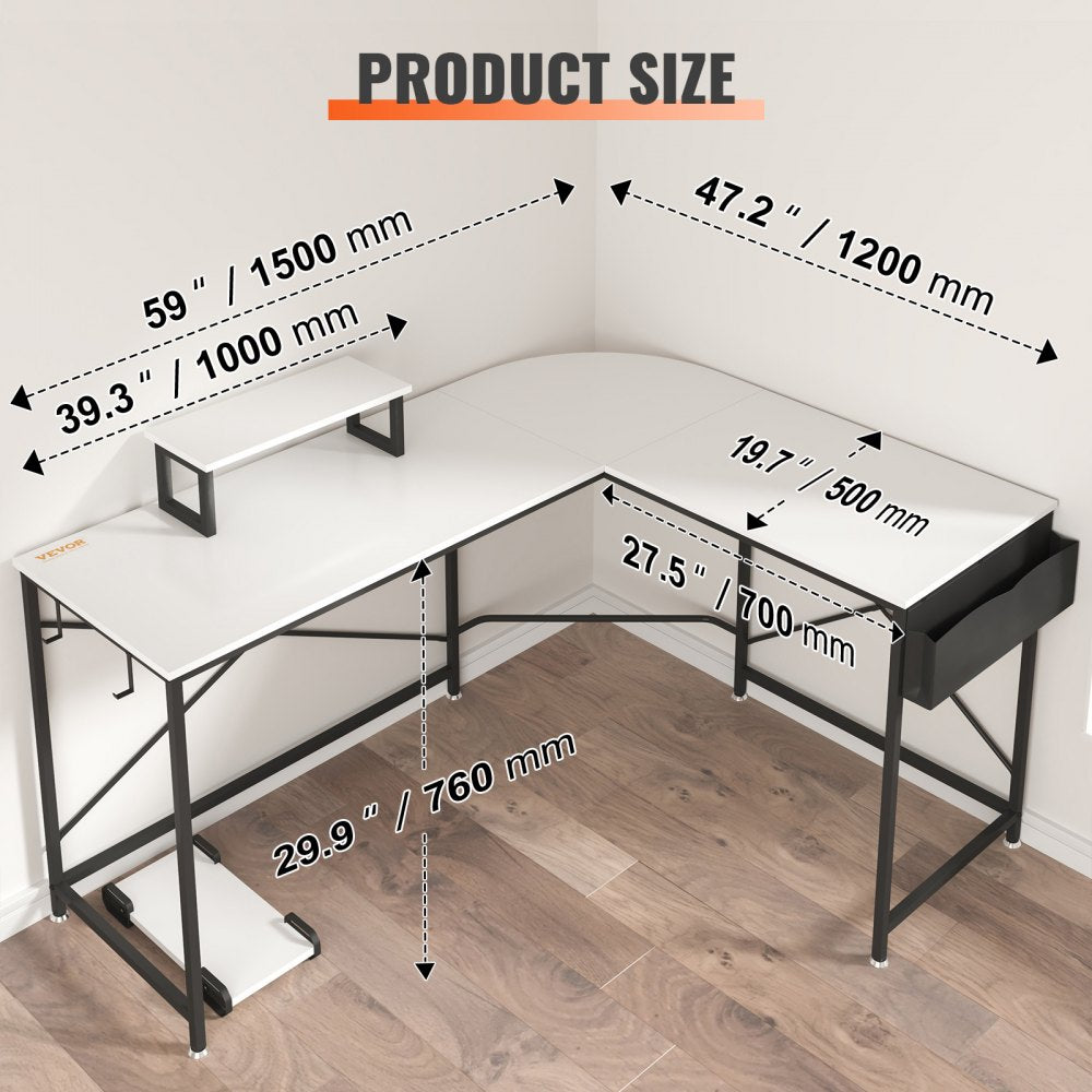 L Shaped Computer Desk, 59`` Corner Desk with Storage Bag, Monitor Riser and CPU Stand, Work Desk Gaming Desk for Home Office Workstation, White