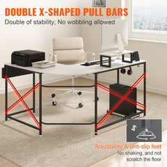 L Shaped Computer Desk, 59`` Corner Desk with Storage Bag, Monitor Riser and CPU Stand, Work Desk Gaming Desk for Home Office Workstation, White