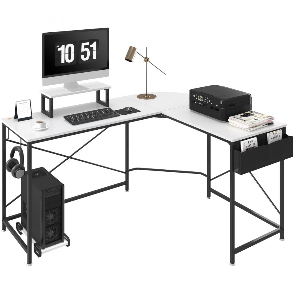 L Shaped Computer Desk, 59`` Corner Desk with Storage Bag, Monitor Riser and CPU Stand, Work Desk Gaming Desk for Home Office Workstation, White