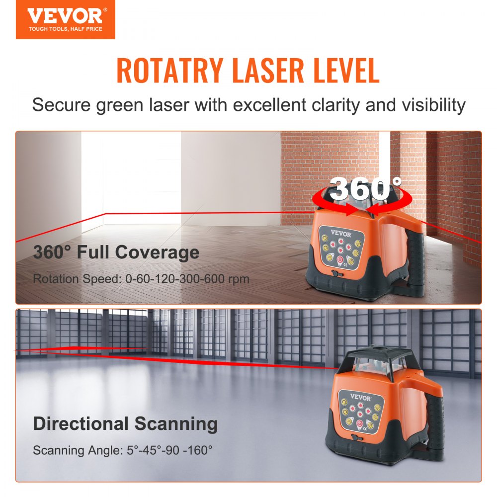 Laser Level, 1650ft, 360 Degree Self Leveling Red Cross Line Laser, 5 Rotation Speeds & 4 Scanning Angles Adjustment, IP66 Waterproof Remote Control Manual Self-leveling Mode, Battery Included
