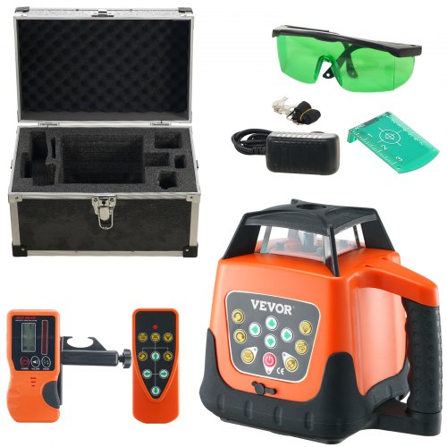 Green rotary laser level with 2000ft range, self-leveling, and IP66 waterproof rating.