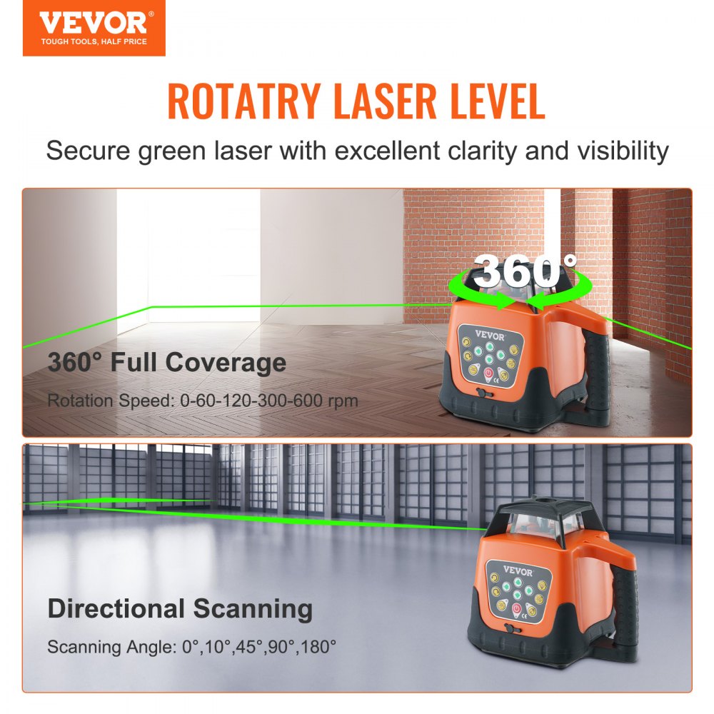 Green rotary laser level with 2000ft range, IP66 rating, and rechargeable battery.