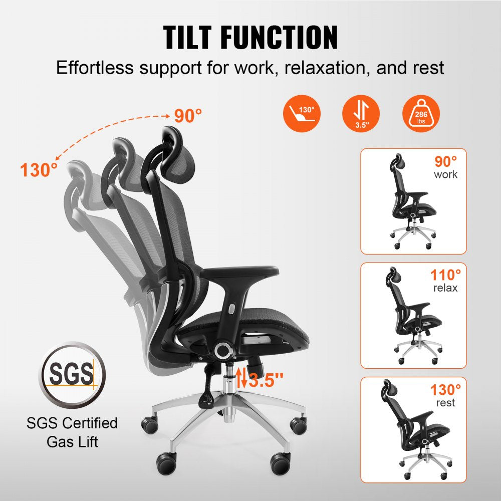 Ergonomic Office Chair, Desk Chair with Mesh Seat, Angle and Height Adjustable Home Office Chair with Back, Lumbar and Head Support, Swivel Computer Task Chair