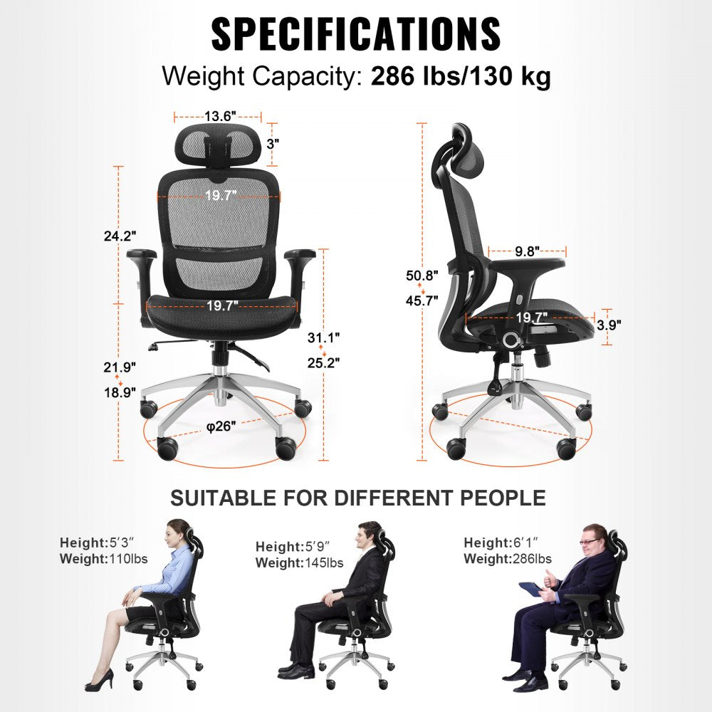 Ergonomic Office Chair, Desk Chair with Mesh Seat, Angle and Height Adjustable Home Office Chair with Back, Lumbar and Head Support, Swivel Computer Task Chair