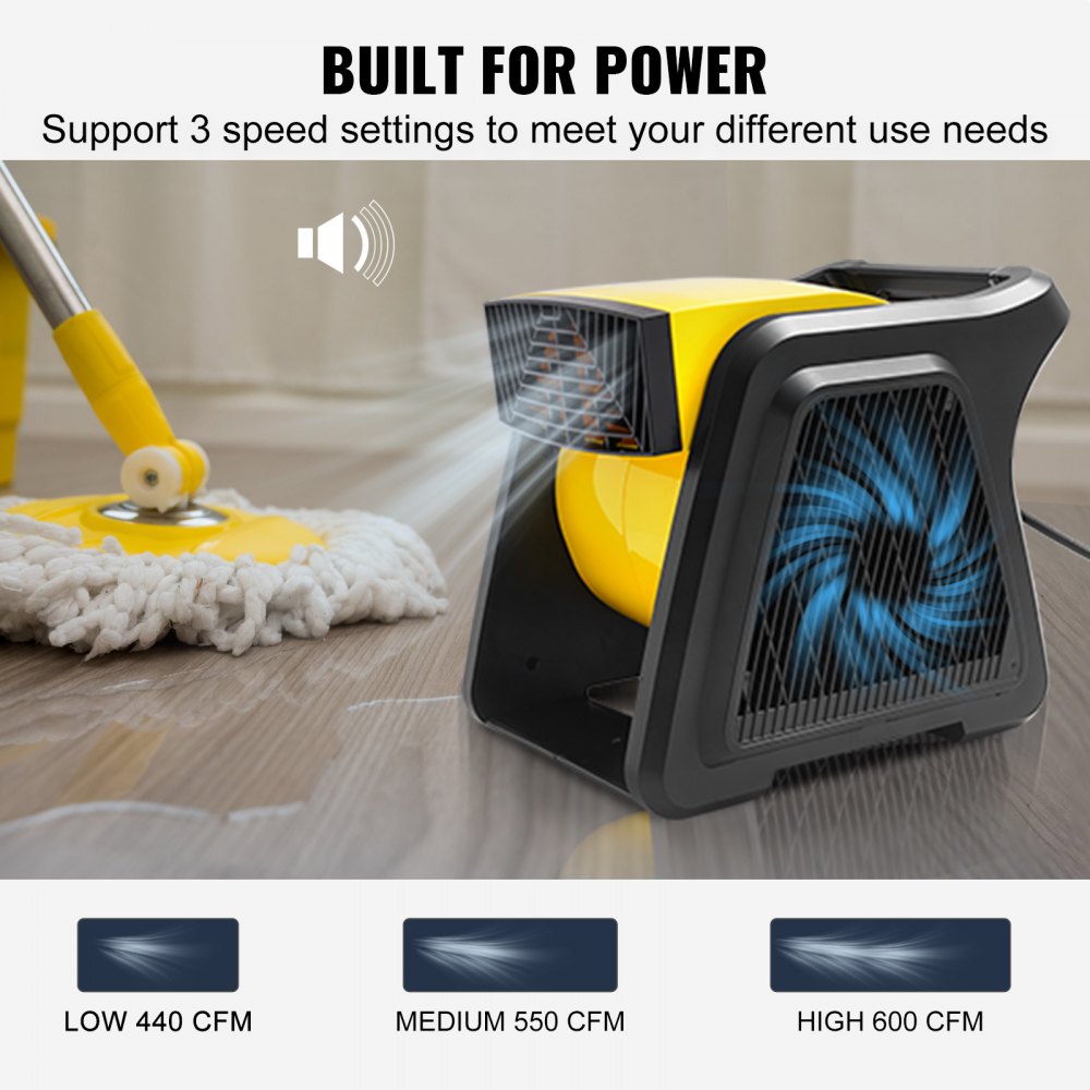 High-velocity floor blower with a pivoting head and three adjustable speeds for effective airflow.