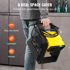 High-velocity floor blower fan with pivoting head and three adjustable speeds for efficient airflow.