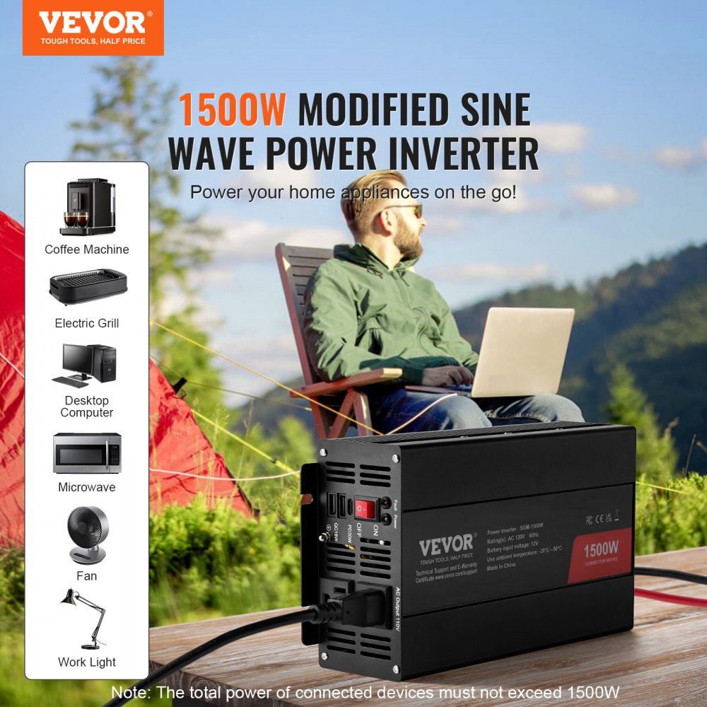 Modified Sine Wave Inverter, 1500W, DC 12V to AC 120V Power Inverter with 2 AC Outlets 2 USB Port 1 Type-C Port 6 Spare Fuses, for Small Home Devices like Smartphone Laptop, CE FCC Certified