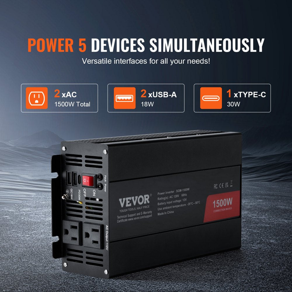 Modified Sine Wave Inverter, 1500W, DC 12V to AC 120V Power Inverter with 2 AC Outlets 2 USB Port 1 Type-C Port 6 Spare Fuses, for Small Home Devices like Smartphone Laptop, CE FCC Certified