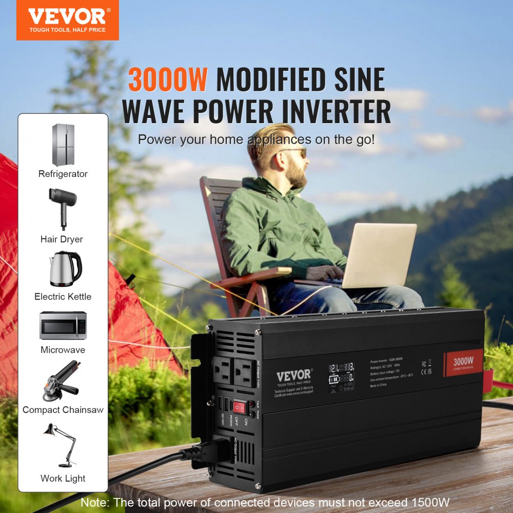Modified Sine Wave Inverter, 3000Watt, DC 12V to AC 120V LCD Display Power Inverter with 3 AC Outlets 2 USB Port 1 Type-C Port 10 Spare Fuses, for Large Household Equipment, CE FCC Certified
