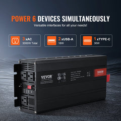 Modified Sine Wave Inverter, 3000Watt, DC 12V to AC 120V LCD Display Power Inverter with 3 AC Outlets 2 USB Port 1 Type-C Port 10 Spare Fuses, for Large Household Equipment, CE FCC Certified