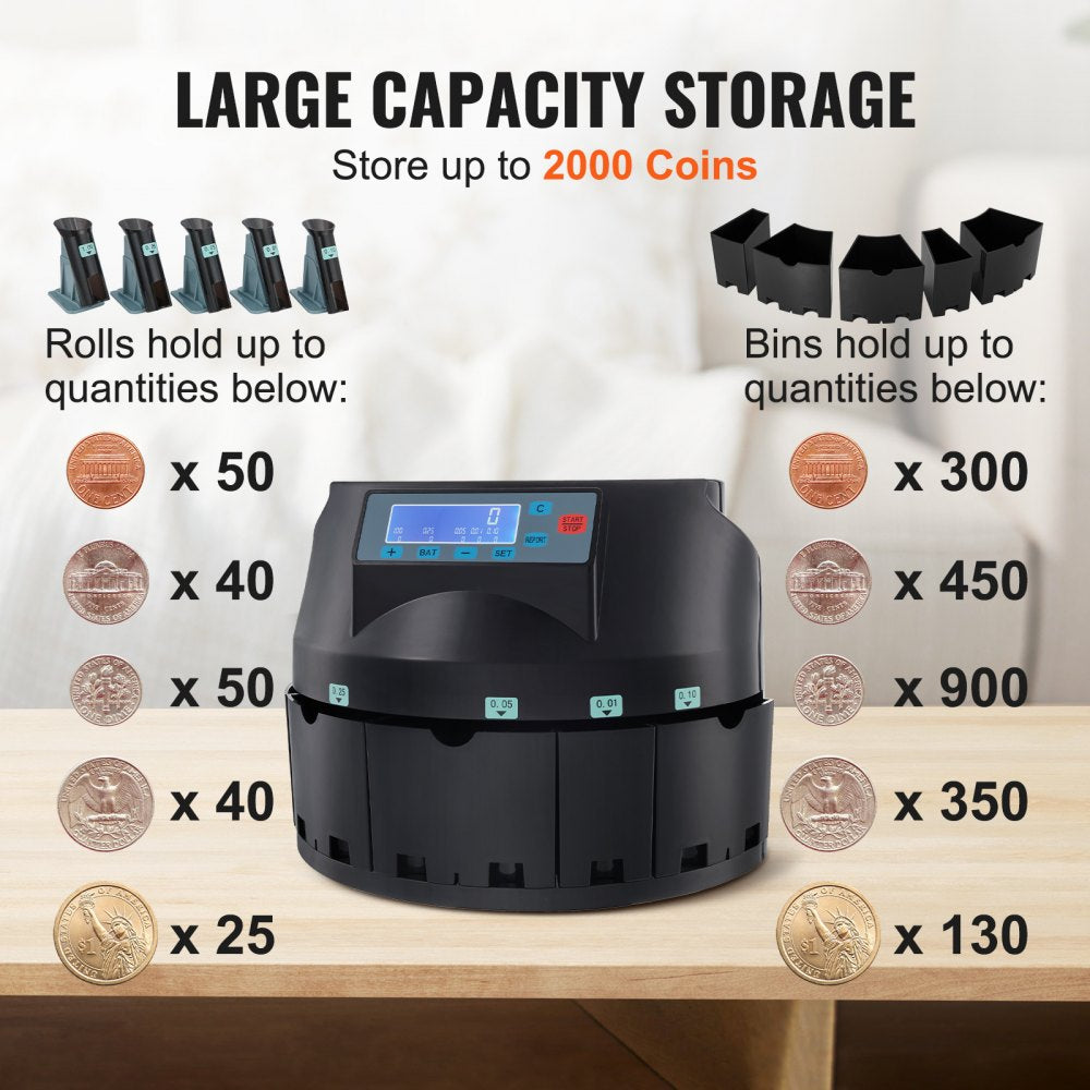 USD Coin Sorter Coin Counter Wrapper and Roller 300 Coins/min LCD Display