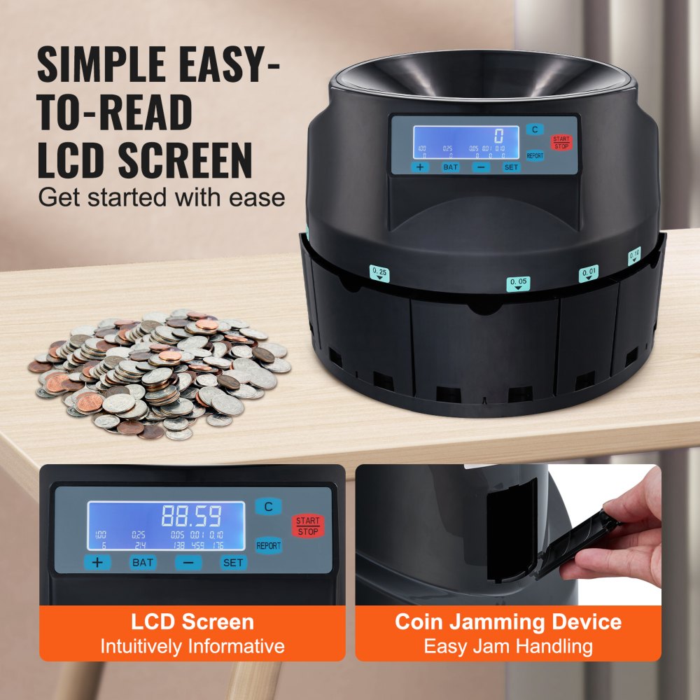 USD Coin Sorter Coin Counter Wrapper and Roller 300 Coins/min LCD Display