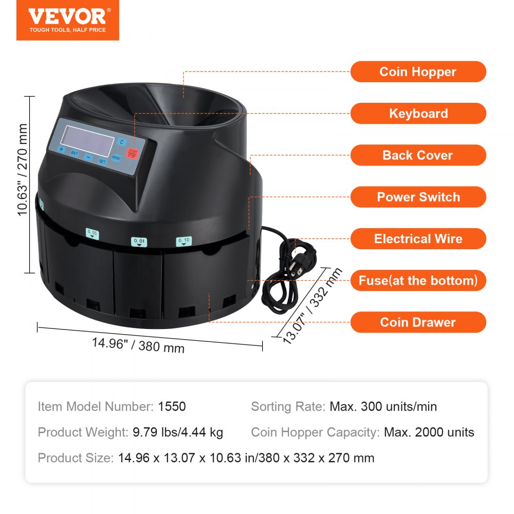 USD Coin Sorter Coin Counter Wrapper and Roller 300 Coins/min LCD Display