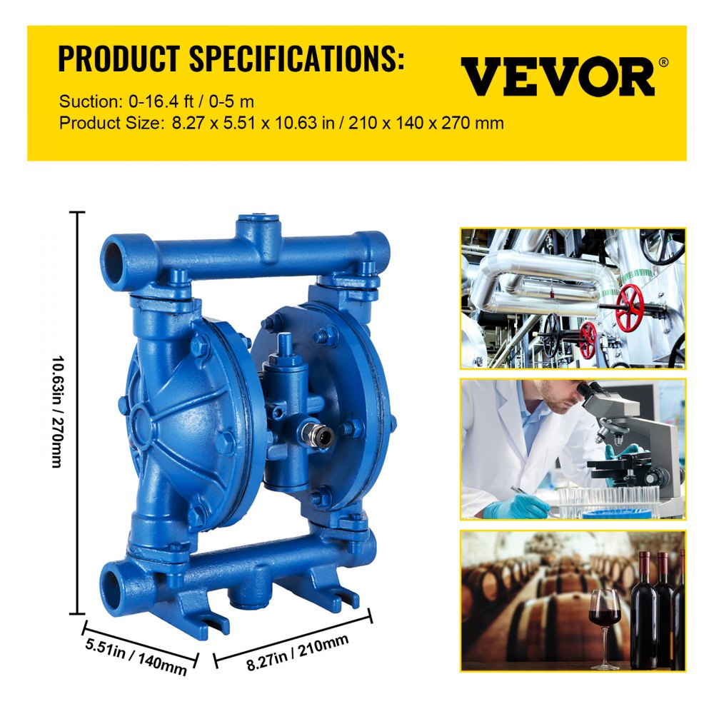 Air-Operated Double Diaphragm Pump, 1/2 in Inlet & Outlet, Cast Iron Body, 3 GPM & Max 90 PSI, Nitrile Diaphragm Pneumatic Transfer Pump for Petroleum, Diesel, Oil & Low Viscosity Fluids