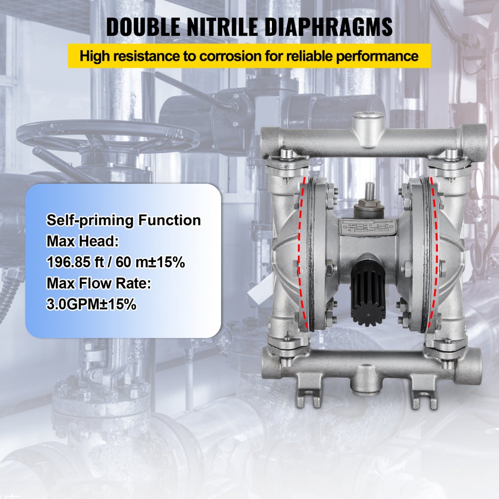 Air-Operated Double Diaphragm Pump, 1/2 in Inlet & Outlet, Stainless Steel Body, 8.8 GPM & Max 120PSI, PTFE Diaphragm Pneumatic Transfer Pump for Petroleum, Diesel, Oil & Low Viscosity Fluids
