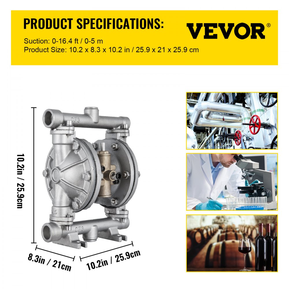 Air-Operated Double Diaphragm Pump, 1/2 in Inlet & Outlet, Stainless Steel Body, 8.8 GPM & Max 120PSI, PTFE Diaphragm Pneumatic Transfer Pump for Petroleum, Diesel, Oil & Low Viscosity Fluids