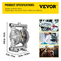 Air-Operated Double Diaphragm Pump, 1/2 in Inlet & Outlet, Stainless Steel Body, 8.8 GPM & Max 120PSI, PTFE Diaphragm Pneumatic Transfer Pump for Petroleum, Diesel, Oil & Low Viscosity Fluids