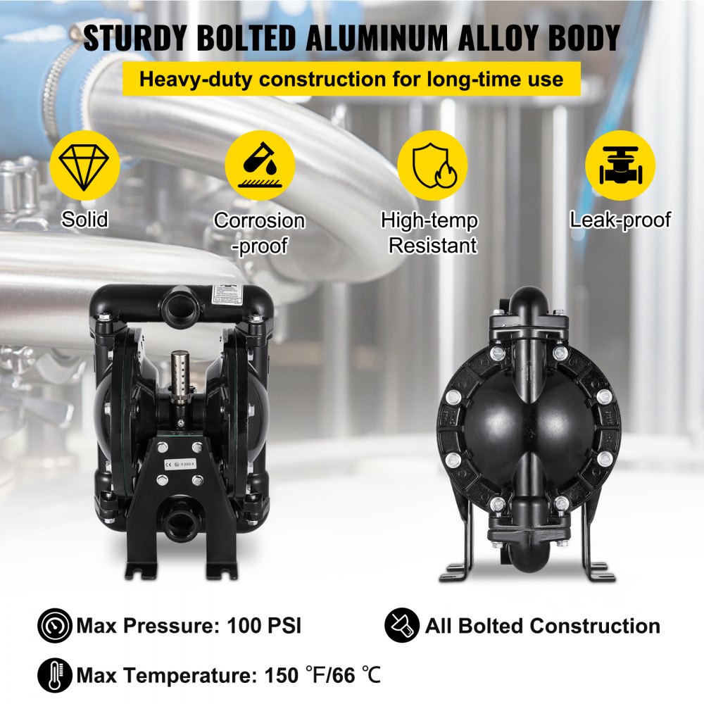 Air-Operated Double Diaphragm Pump 1 inch Inlet Outlet Aluminum 35 GPM Max 120PSI, Nitrile Diaphragm, QBY4-25L-1inch-35