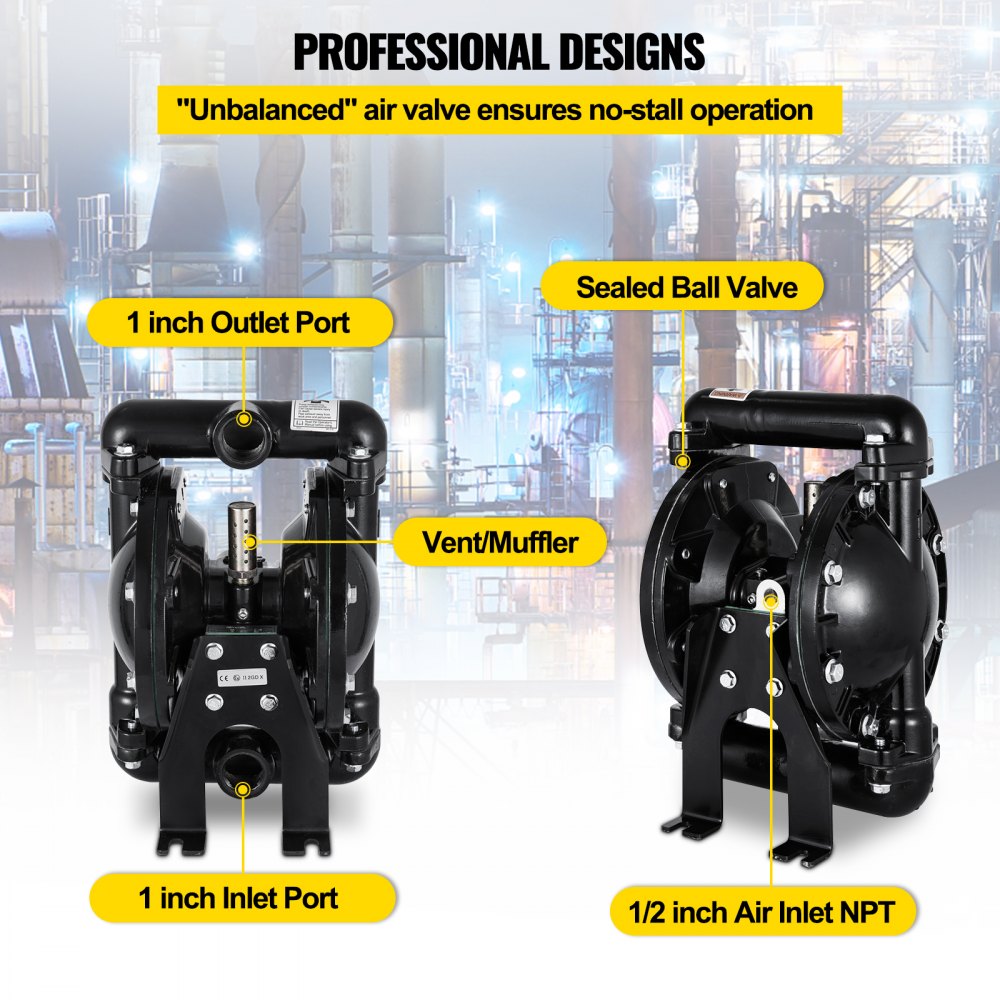Air-Operated Double Diaphragm Pump 1 inch Inlet Outlet Aluminum 35 GPM Max 120PSI, Nitrile Diaphragm, QBY4-25L-1inch-35
