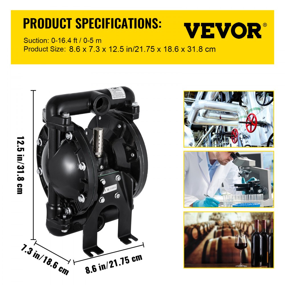 Air-Operated Double Diaphragm Pump 1 inch Inlet Outlet Aluminum 35 GPM Max 120PSI, Nitrile Diaphragm, QBY4-25L-1inch-35