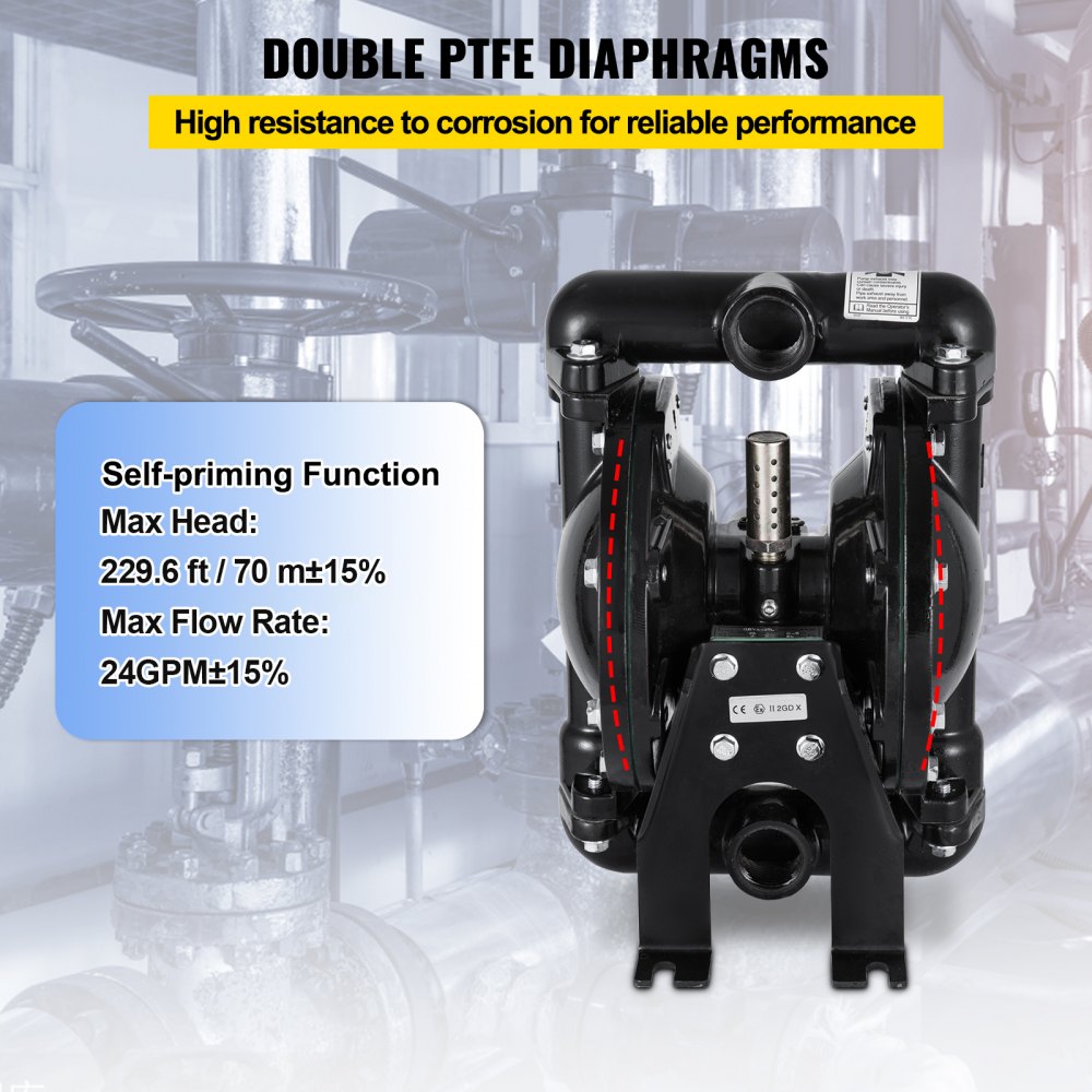 Air-Operated Double Diaphragm Pump 1 inch Inlet Outlet Aluminum 35 GPM Max 120PSI for Industrial Use, QBY4-25LF46-1inch-35