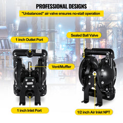 Air-Operated Double Diaphragm Pump 1 inch Inlet Outlet Aluminum 35 GPM Max 120PSI for Industrial Use, QBY4-25LF46-1inch-35