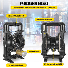 Air-Operated Double Diaphragm Pump, 2 inch Inlet & Outlet, Aluminum Alloy Body, 75 GPM & Max 120PSI, Nitrile Diaphragm Transfer Pump for Petroleum, Diesel, Oil and Low Viscosity Fluids