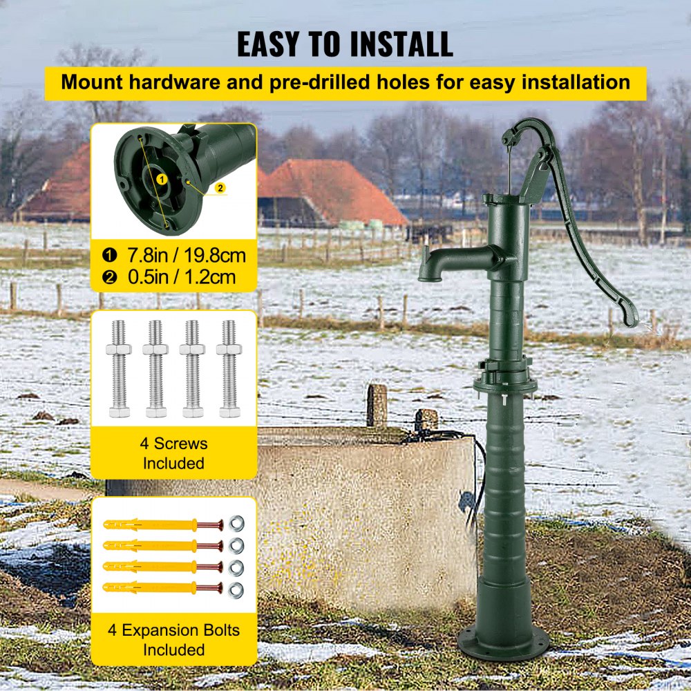 Hand Water Pump w/ Stand, 15.7 x 9.4 x 51.6 inch Pitcher Pump& 26 inch Pump Stand w/ Pre-set 1/2" Holes for Easy Installation, Rustic Cast Iron Well Pump for Yard, Garden, Farm Irrigation, Green