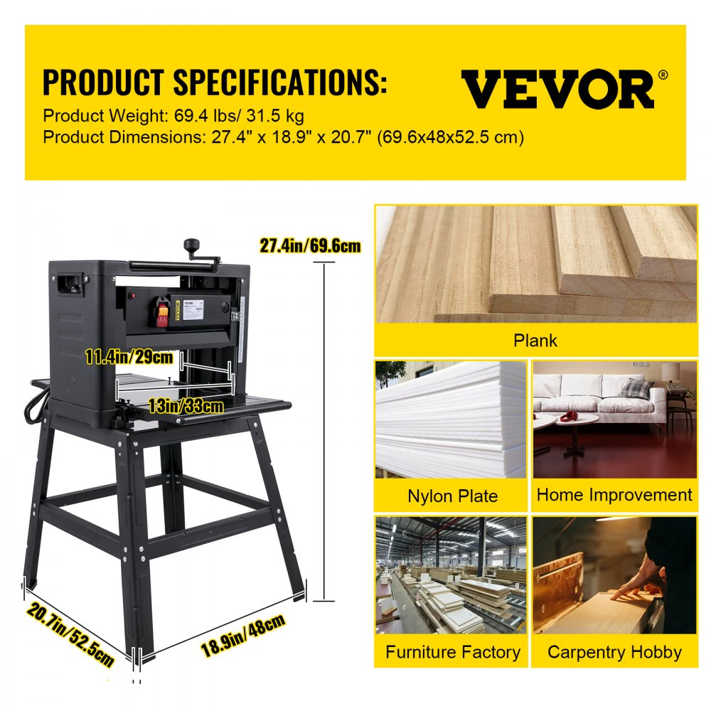 Black 13-inch thickness planer with stand, dust exhaust, and foldable tables on a workbench.