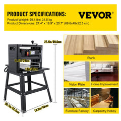 Black 13-inch thickness planer with stand, dust exhaust, and foldable tables on a workbench.