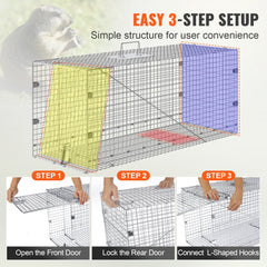 Live Animal Cage Trap, 42" x 16" x 18" Humane Cat Trap Galvanized Iron, Folding Animal Trap with Handle for Stray Dogs, Armadillos, Raccoons, Marmots, Foxes