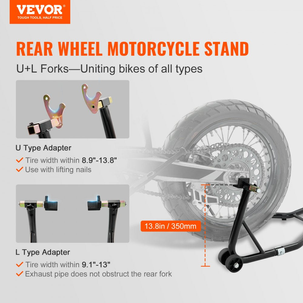Motorcycle Rear Wheel Stand, with U + L Fork Swingarm Spool, 850 lbs Capacity Heavy Duty Rear Wheel Stand Motorcycle Lift Jack Stand, for Suzuki Yamaha Honda Kawasaki, Black