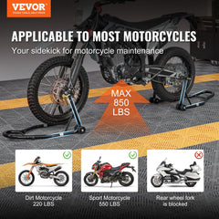 Motorcycle Stand Lift, 850lbs Front Rear Combo Stand Lift Stand, Front and Rear Wheel Fork Stand, U+L Fork Swingarm Spool, Compatible with Most Yamaha Honda Kawasaki Suzuki Motorcycles, Black