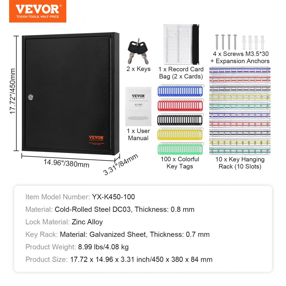 100-Key Cabinet, Key Lock Box with Adjustable Racks, Security Key Storage Box Steel, Key Organizer with 100 Colorful Key Tags and 2 Record Cards for School, Office, Hotel