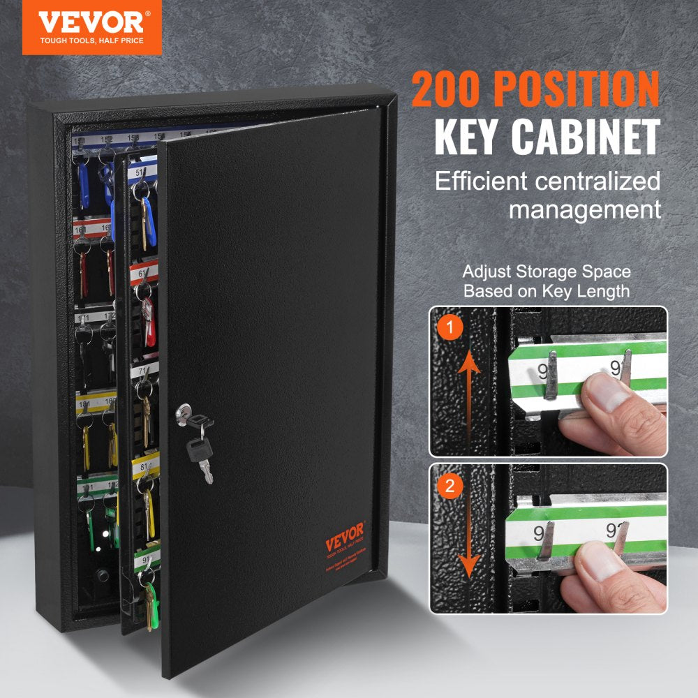 200-Key Cabinet, Key Lock Box with Adjustable Racks, Security Key Storage Box Steel, Key Organizer with 200 Colorful Key Tags and 4 Record Cards for School, Office, Hotel