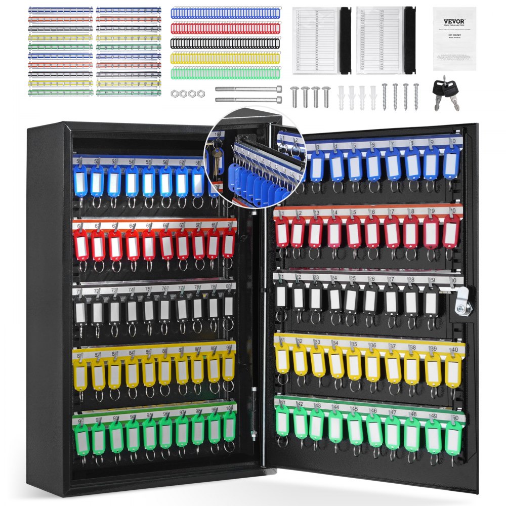 200-Key Cabinet, Key Lock Box with Adjustable Racks, Security Key Storage Box Steel, Key Organizer with 200 Colorful Key Tags and 4 Record Cards for School, Office, Hotel