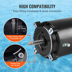 0.75 HP Pool Pump Motor, 56J Frame, 115V(8 Amps)/230V(4 Amps) 3450 RPM, 60Hz, 1.5 Service Factor, 80μF/250V Capacitor, CCW Rotation Round Flange Replacement Motor