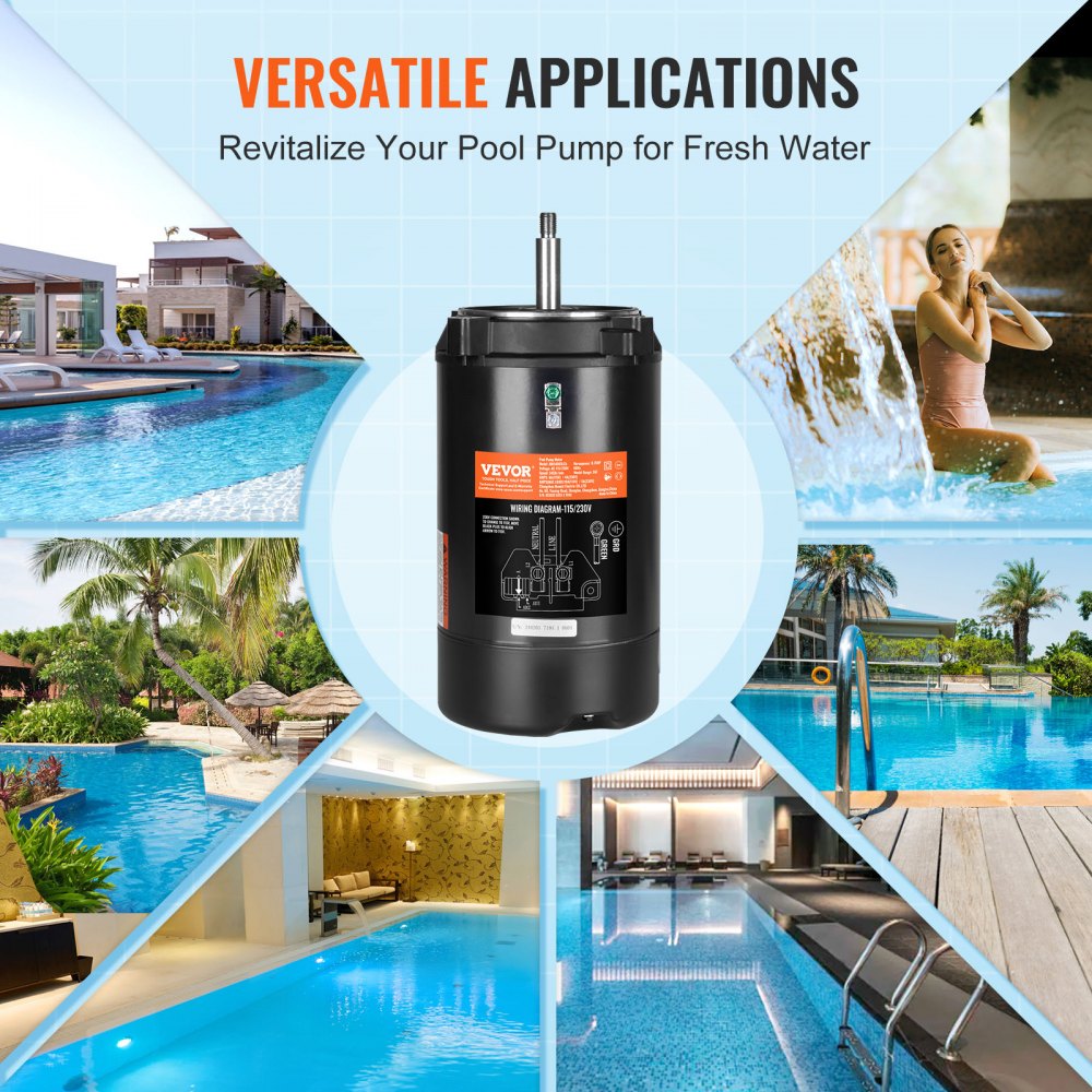 0.75 HP Pool Pump Motor, 56J Frame, 115V(8 Amps)/230V(4 Amps) 3450 RPM, 60Hz, 1.5 Service Factor, 80μF/250V Capacitor, CCW Rotation Round Flange Replacement Motor