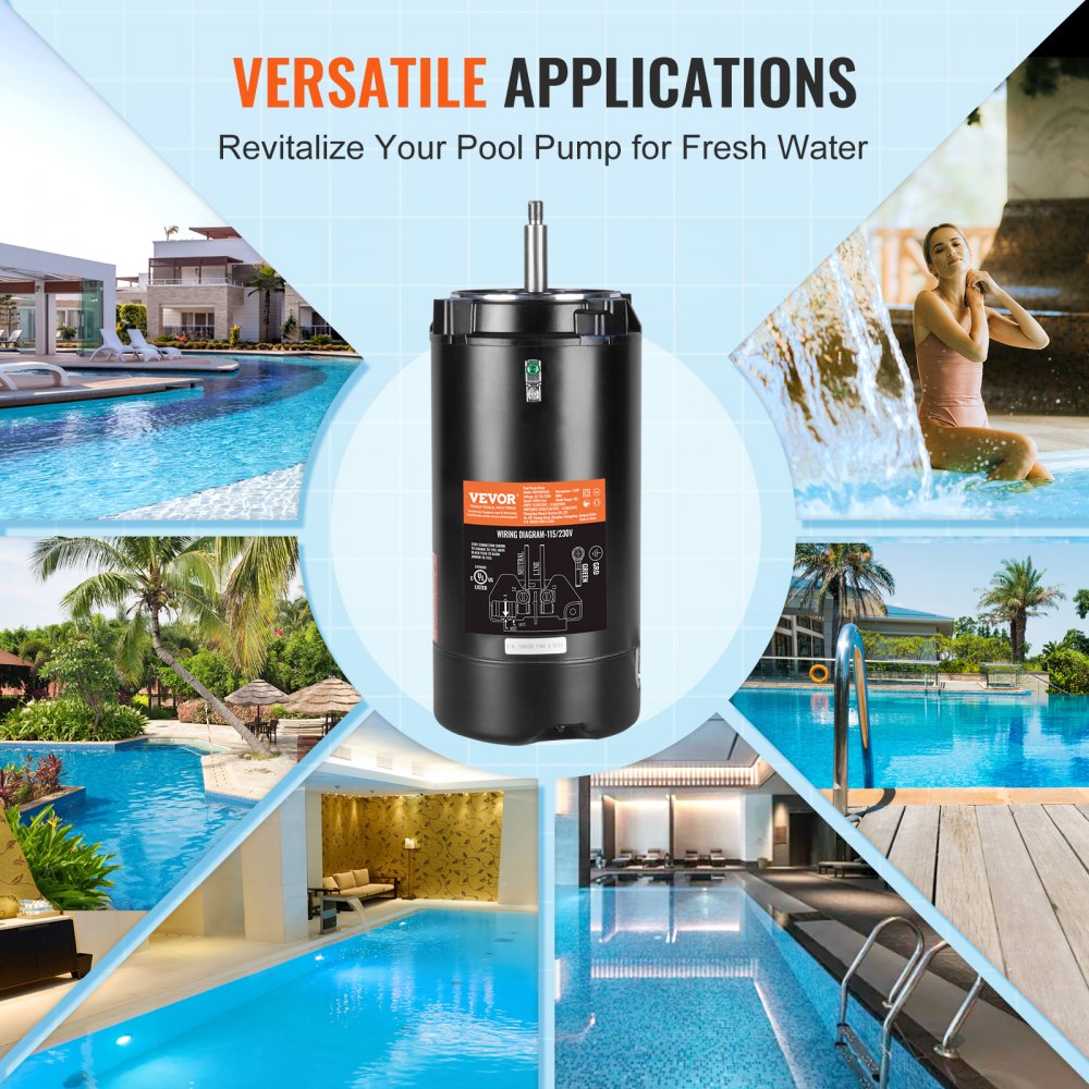 1.5 HP Pool Pump Motor, 56J Frame, 115V(13.6 Amps)/230V(6.8 Amps) 3450 RPM, 60Hz, 1.3 Service Factor, 90μF/250V Capacitor, CCW Rotation Round Flange Replacement Motor